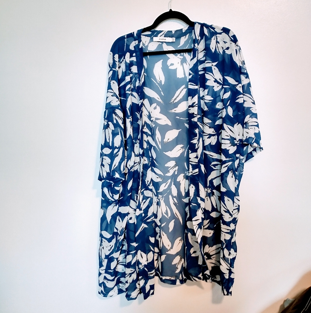 JustFab blue and white leaf print semi sheer kimono, would be great as a beach c